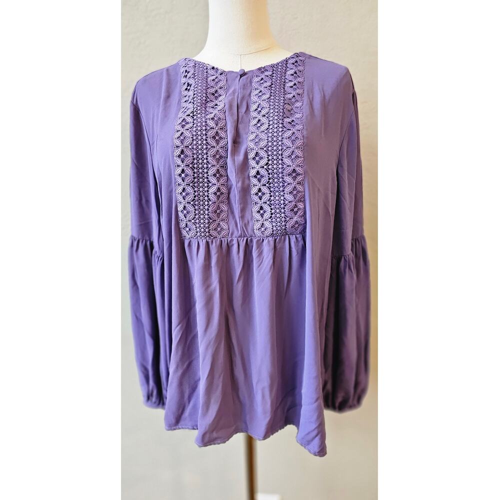 Loft Women's Blouson Sleeve Floral Boho Embroidered Peasant Blouse Size L Purple